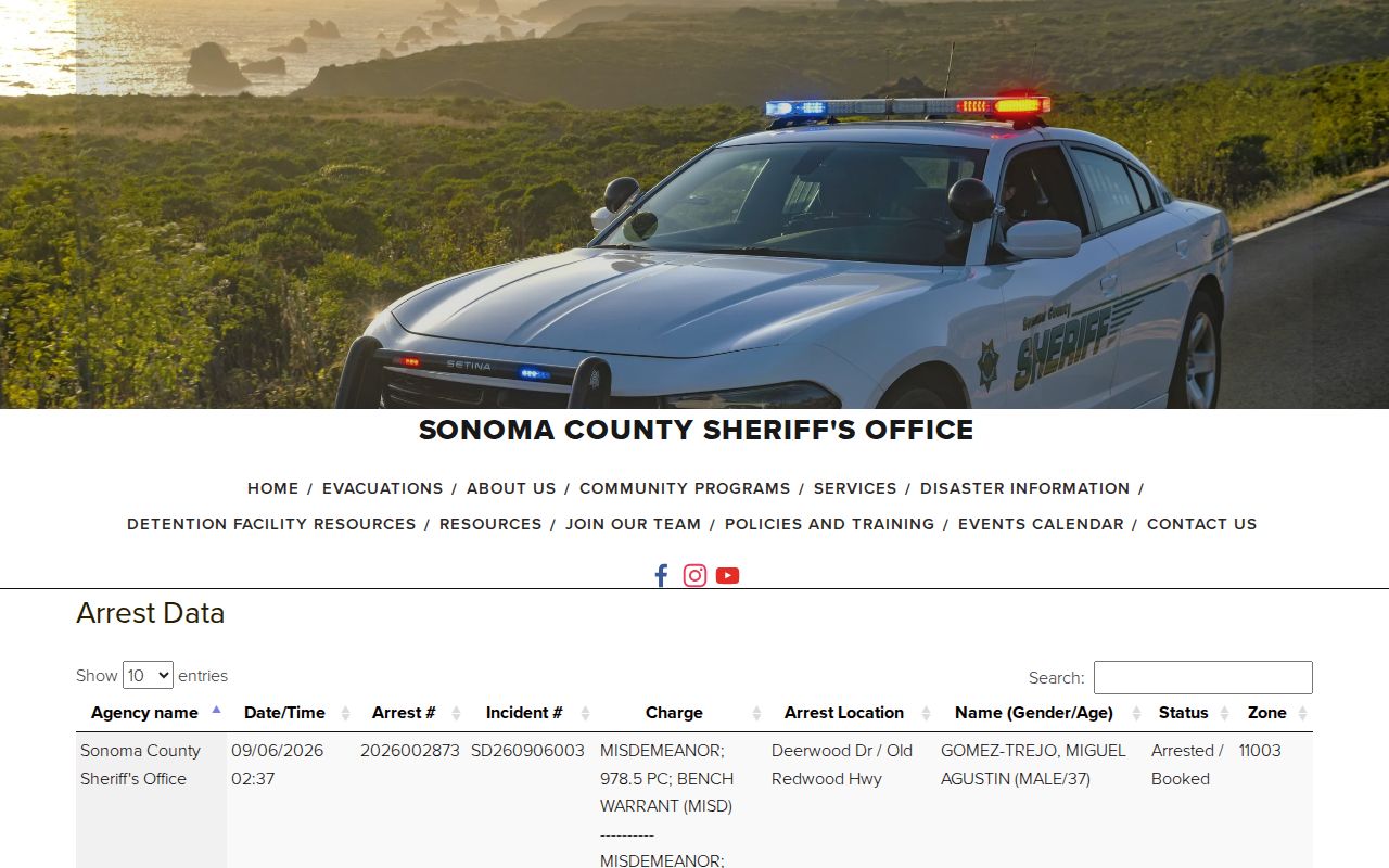 Sonoma County recent arrest log interface