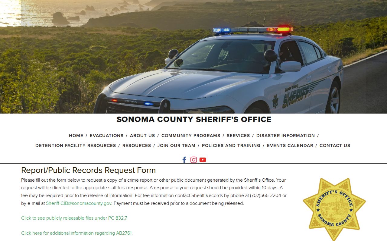 Sonoma County arrest record request page
