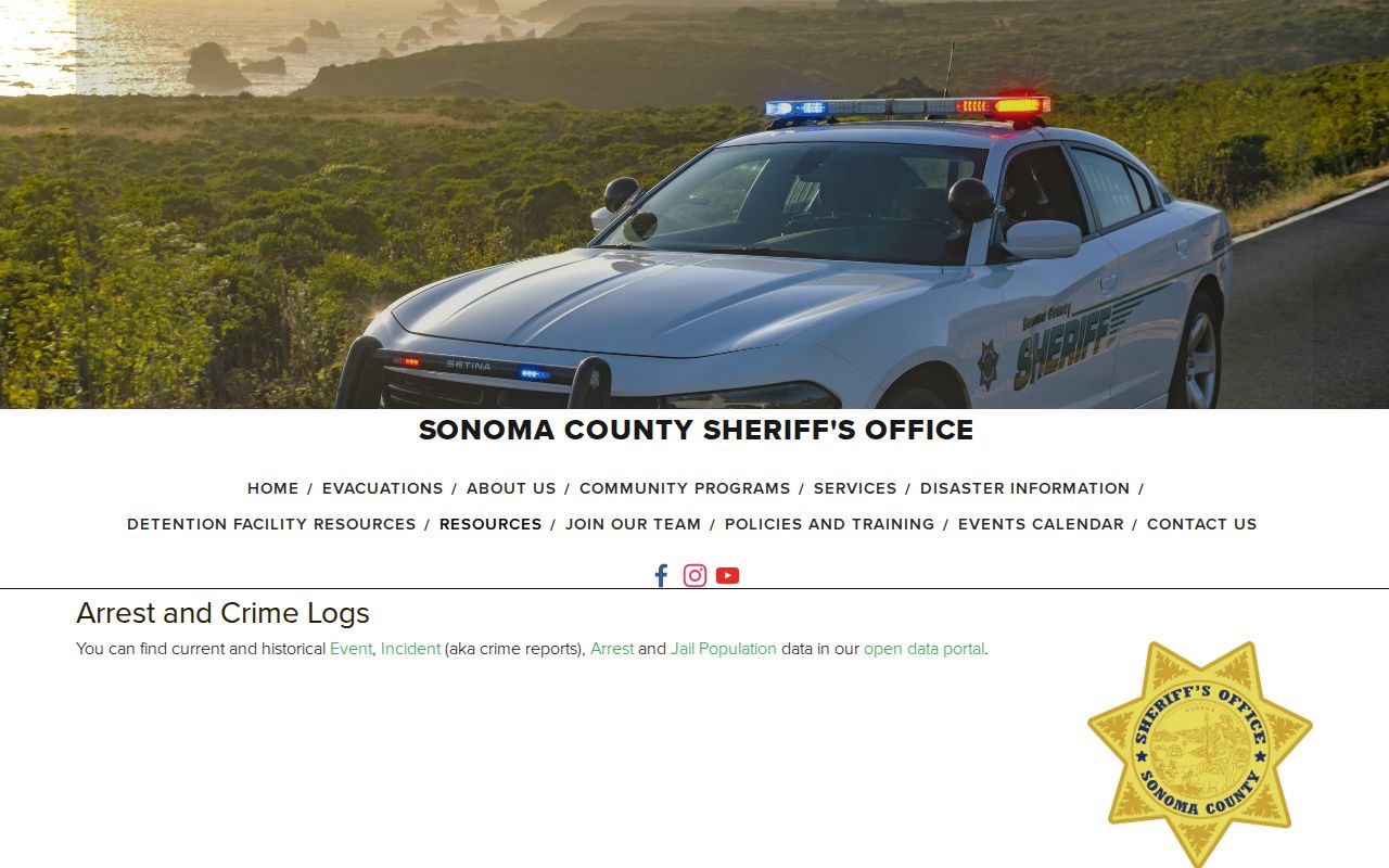 Sonoma County arrest reports and crime logs landing page