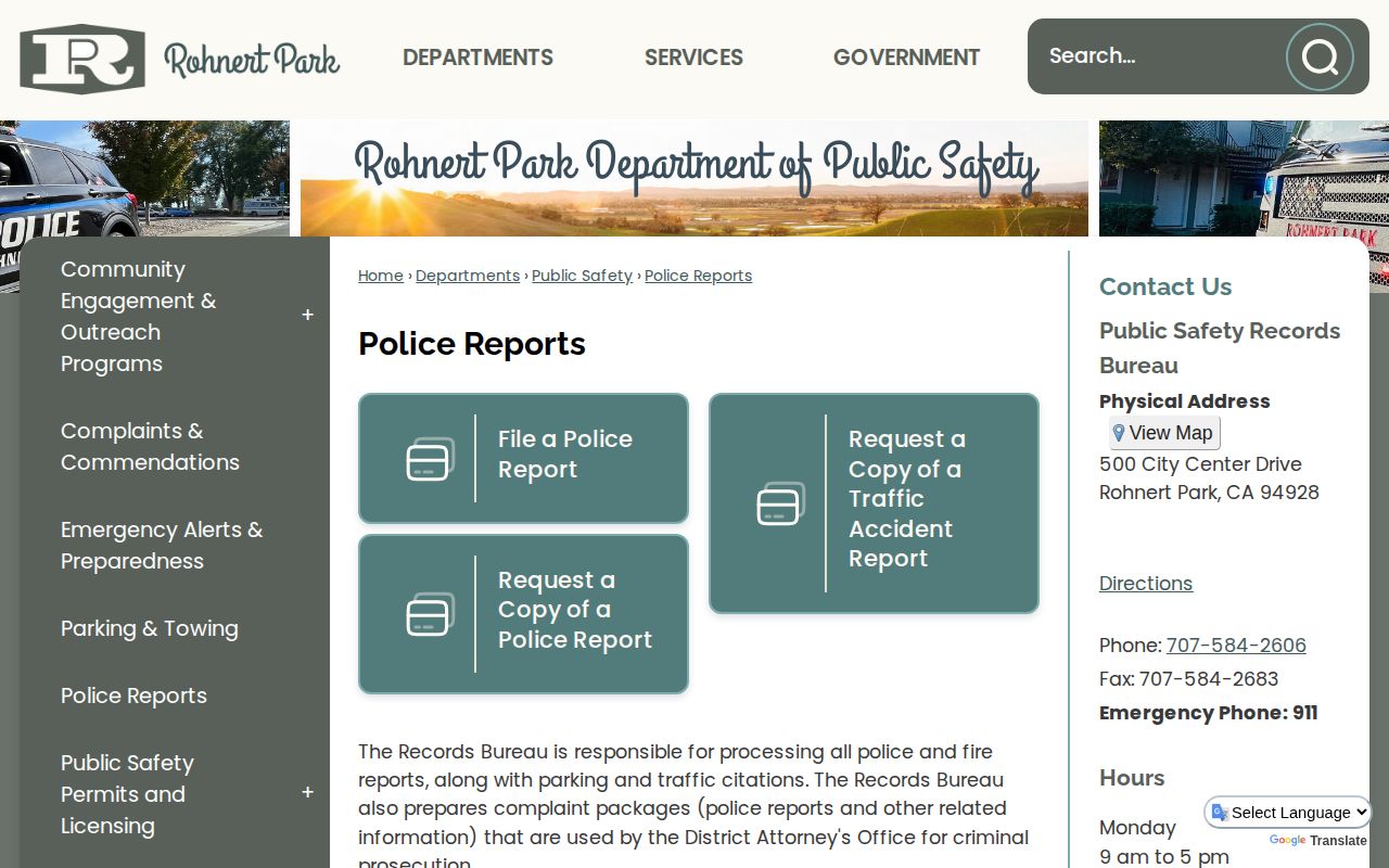 Rohnert Park Public Safety Records webpage with police report information