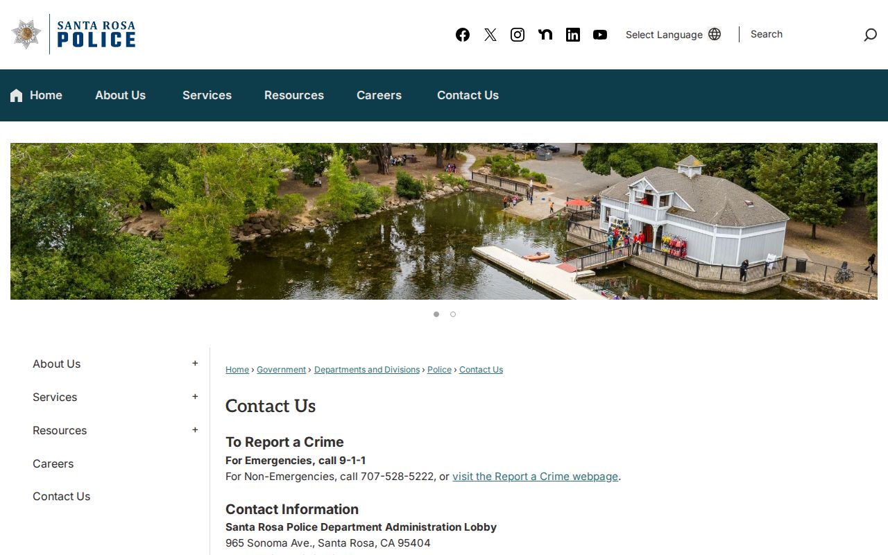 Santa Rosa Police Department official contact page with department contact information