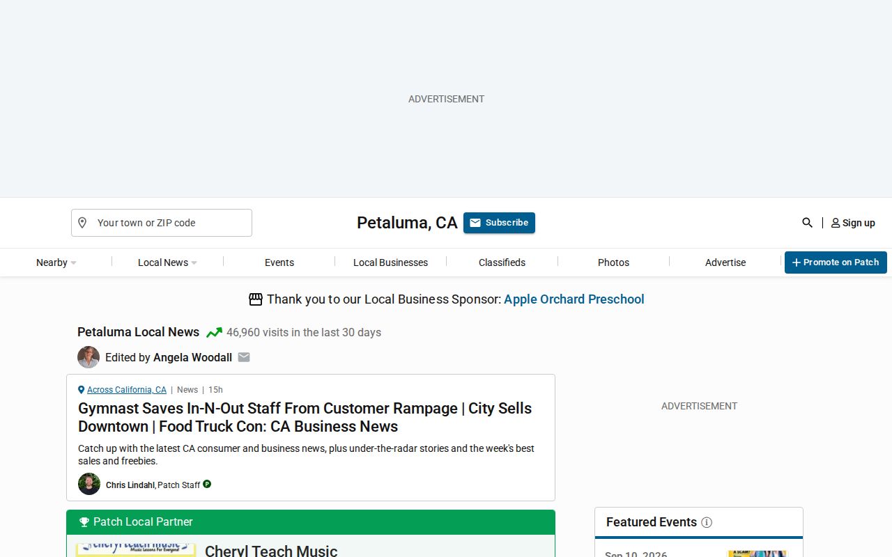 Patch Petaluma local news page covering selected community incidents
